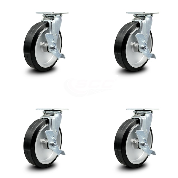 Service Caster 8 Inch Rubber on Aluminum Swivel Caster Set with Roller Bearings and Brakes SCC SCC-30CS820-RAR-TLB-4 - main